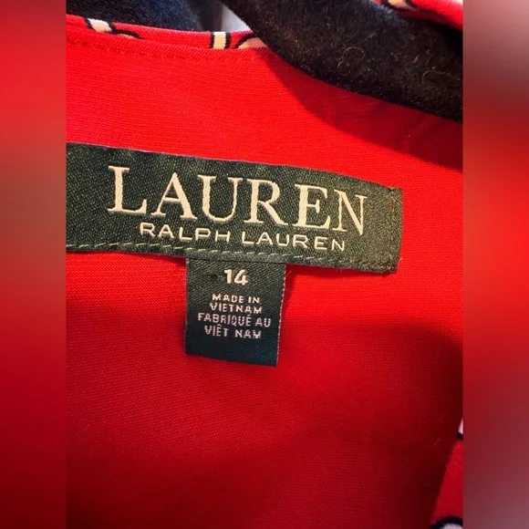 Lauren Ralph Lauren Red and White Chain Link Patterned Belted Midi Dress - Picture 10 of 11